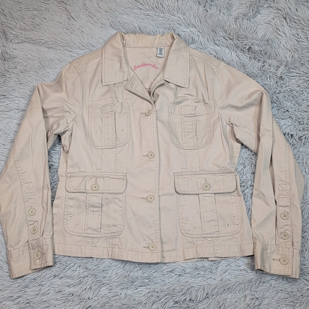 Caribbean Joeâ Jacket Womens L Beige Denim Button Up Safari Comfort Pockets